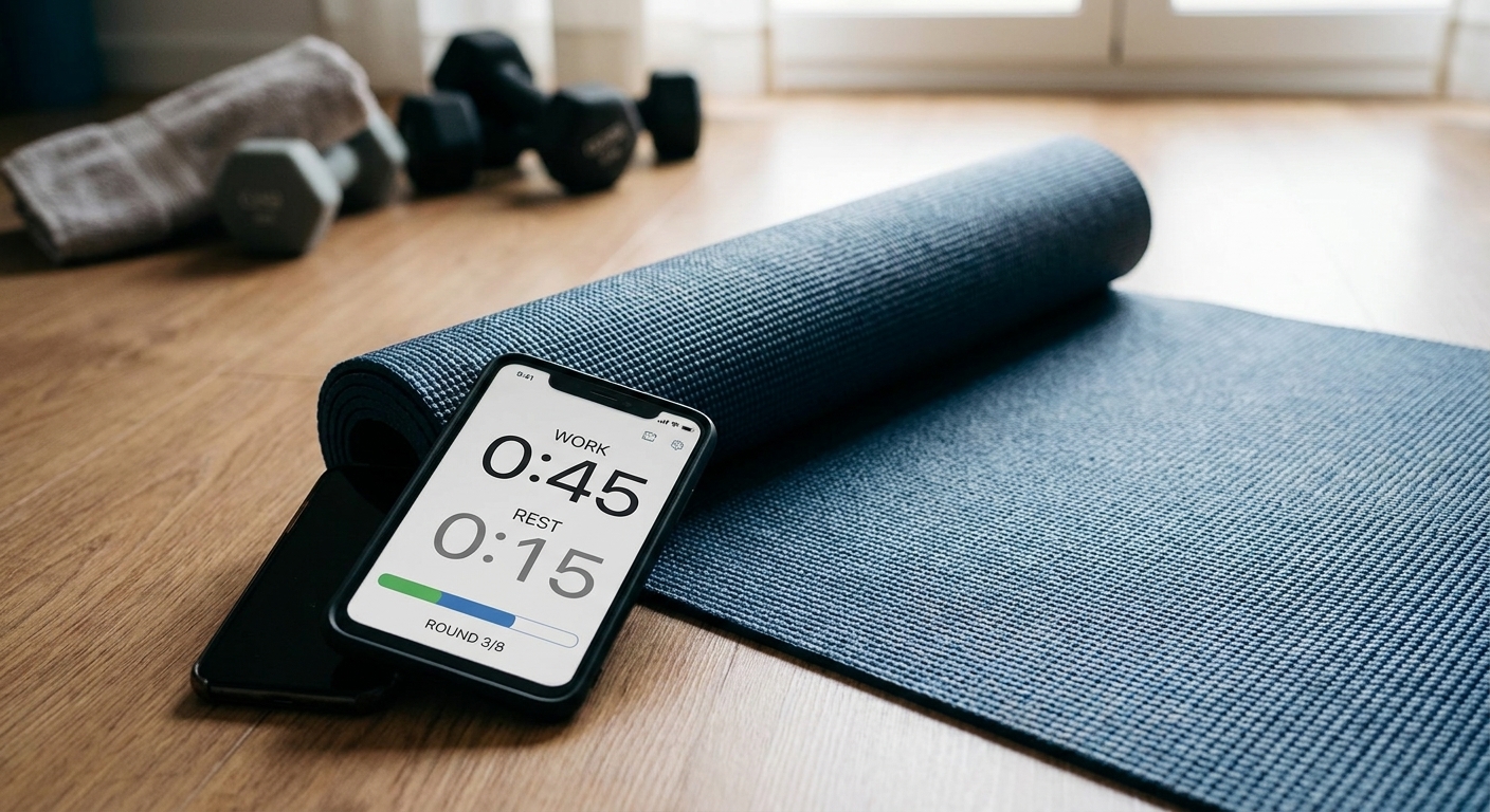 A smartphone running an interval timer placed next to a yoga mat on the floor