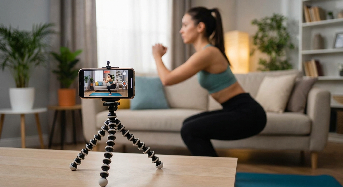 A smartphone set on a small tripod in a living room recording a person performing a bodyweight squat from the side