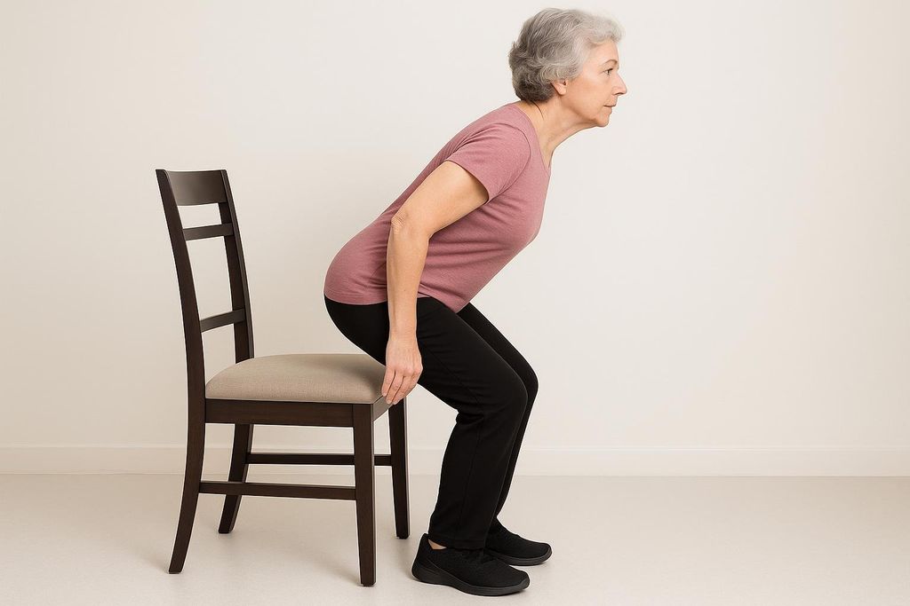 A sturdy chair positioned on a non-slip surface, demonstrating a controlled sit-to-stand with neutral posture and feet planted for stability