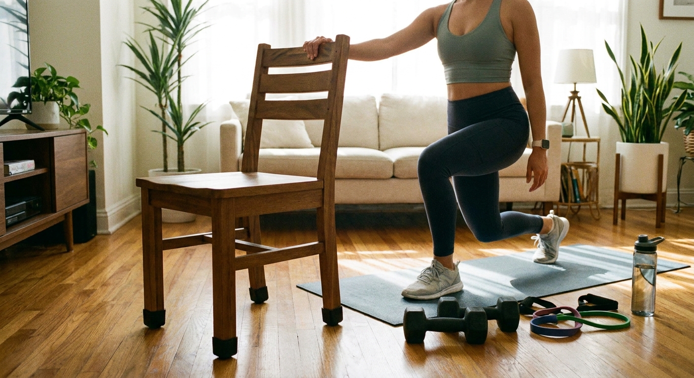 A sturdy chair with rubber feet placed next to a workout space for light balance support