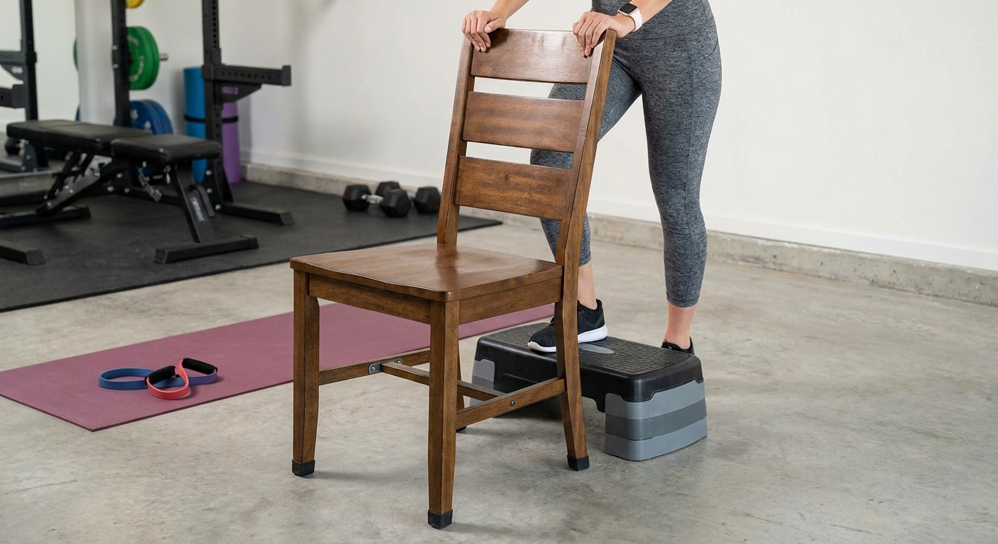A sturdy dining chair on a flat floor with non-slip feet, positioned as a workout prop for support and chair taps