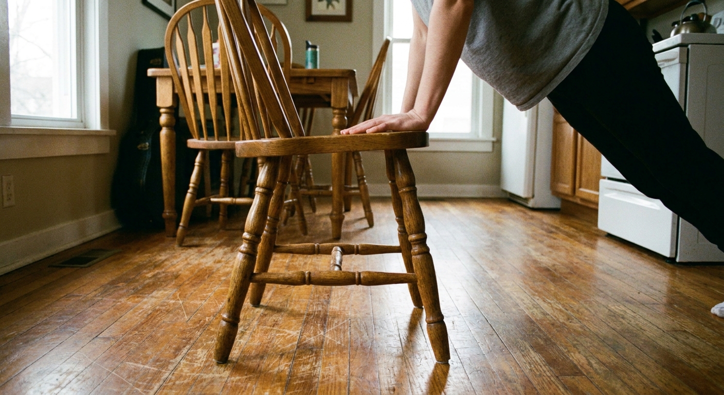 A sturdy dining chair positioned on a hardwood floor with clear space in front for incline push-ups