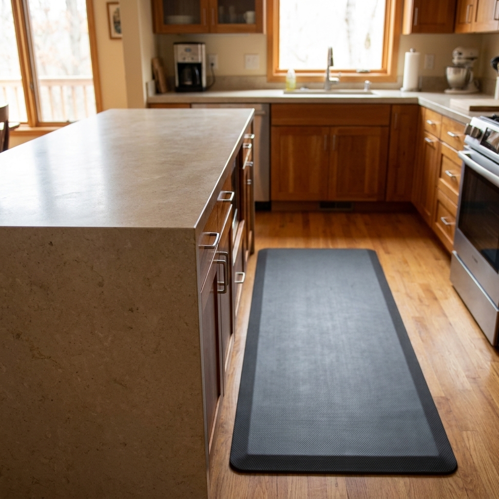 A sturdy kitchen countertop cleared of clutter, showing a safe edge height for incline push-ups and a non-slip mat on the floor below