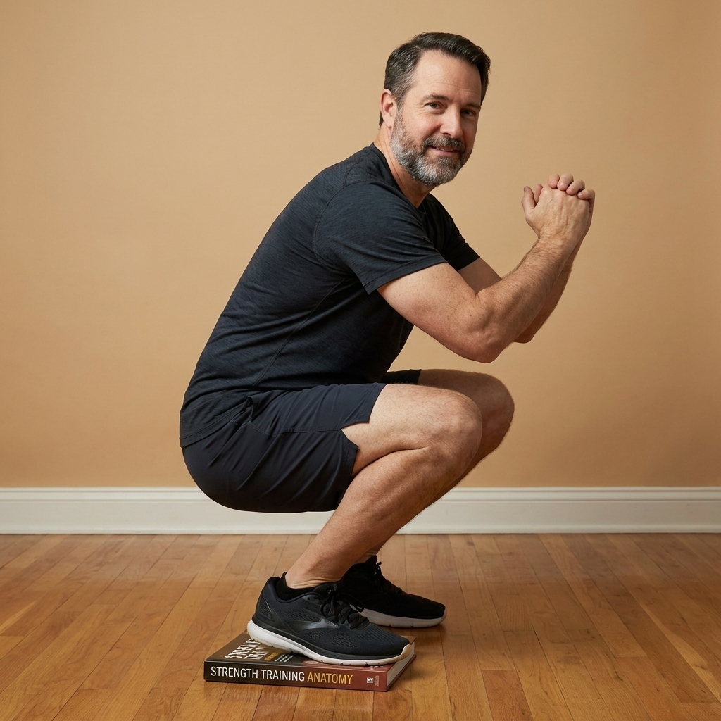 A thin, sturdy book placed under both heels to demonstrate a temporary heel-elevated squat setup on a hard floor