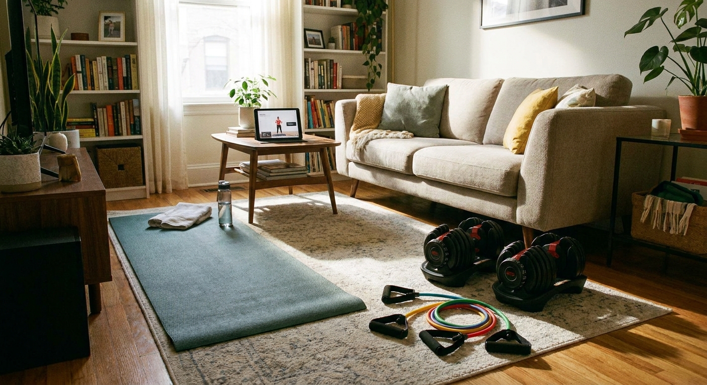 A yoga mat in a small living room with a pair of adjustable dumbbells and a resistance band set nearby, ready for a short home workout