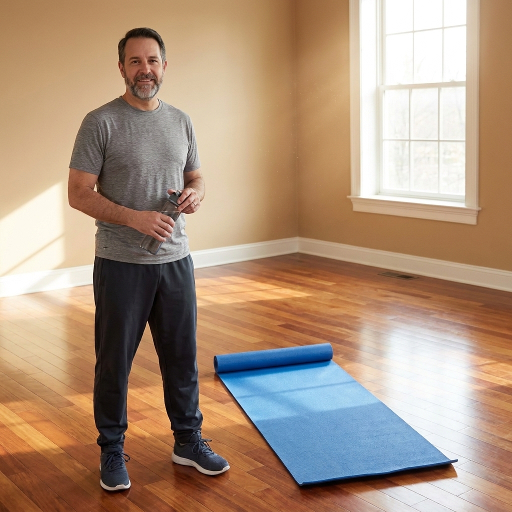 A yoga mat laid out on a hardwood floor with enough open space nearby to move safely
