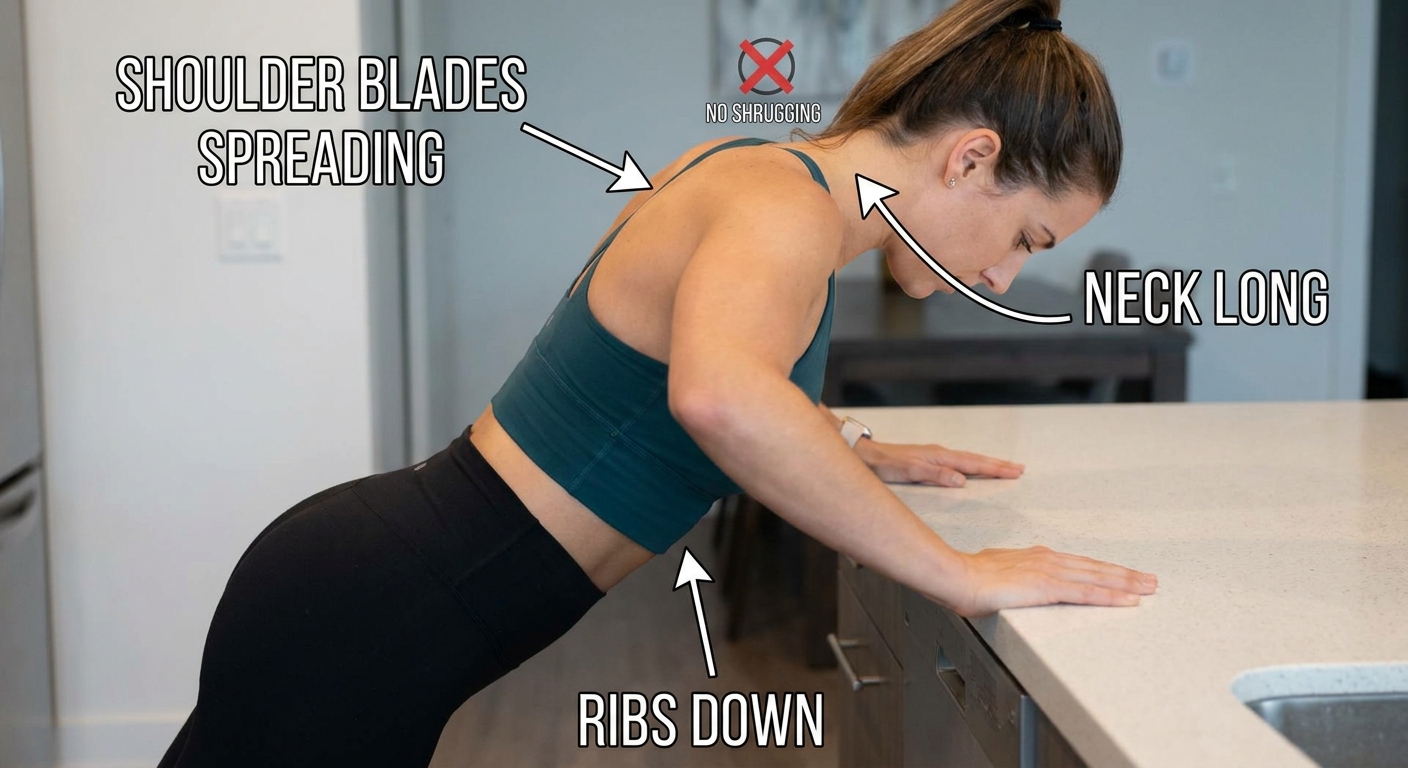 An instructional close-up of an incline push-up at a counter showing shoulder blades spreading at the top without shrugging, with the neck long and ribs down
