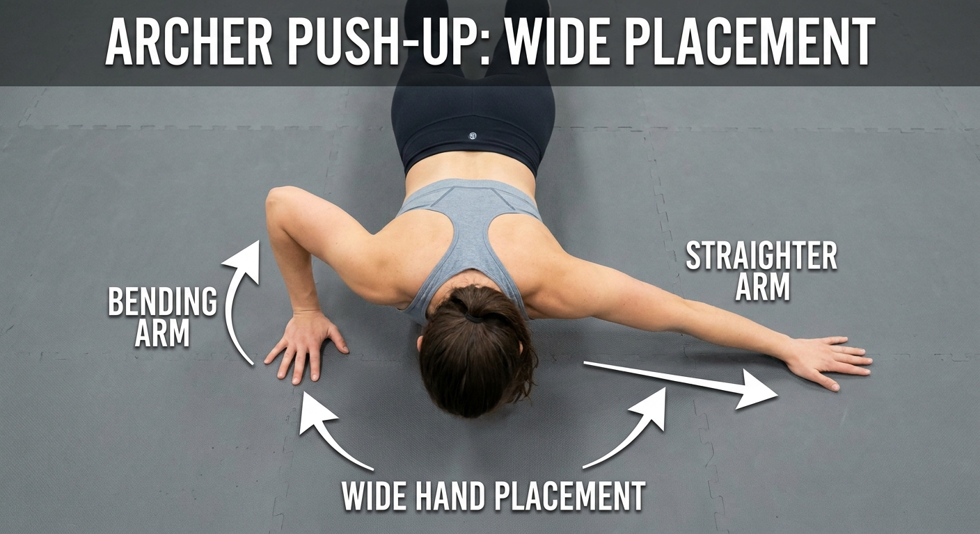 An instructional top-down view showing wide hand placement for an archer push-up, with one arm bending while the other stays straighter
