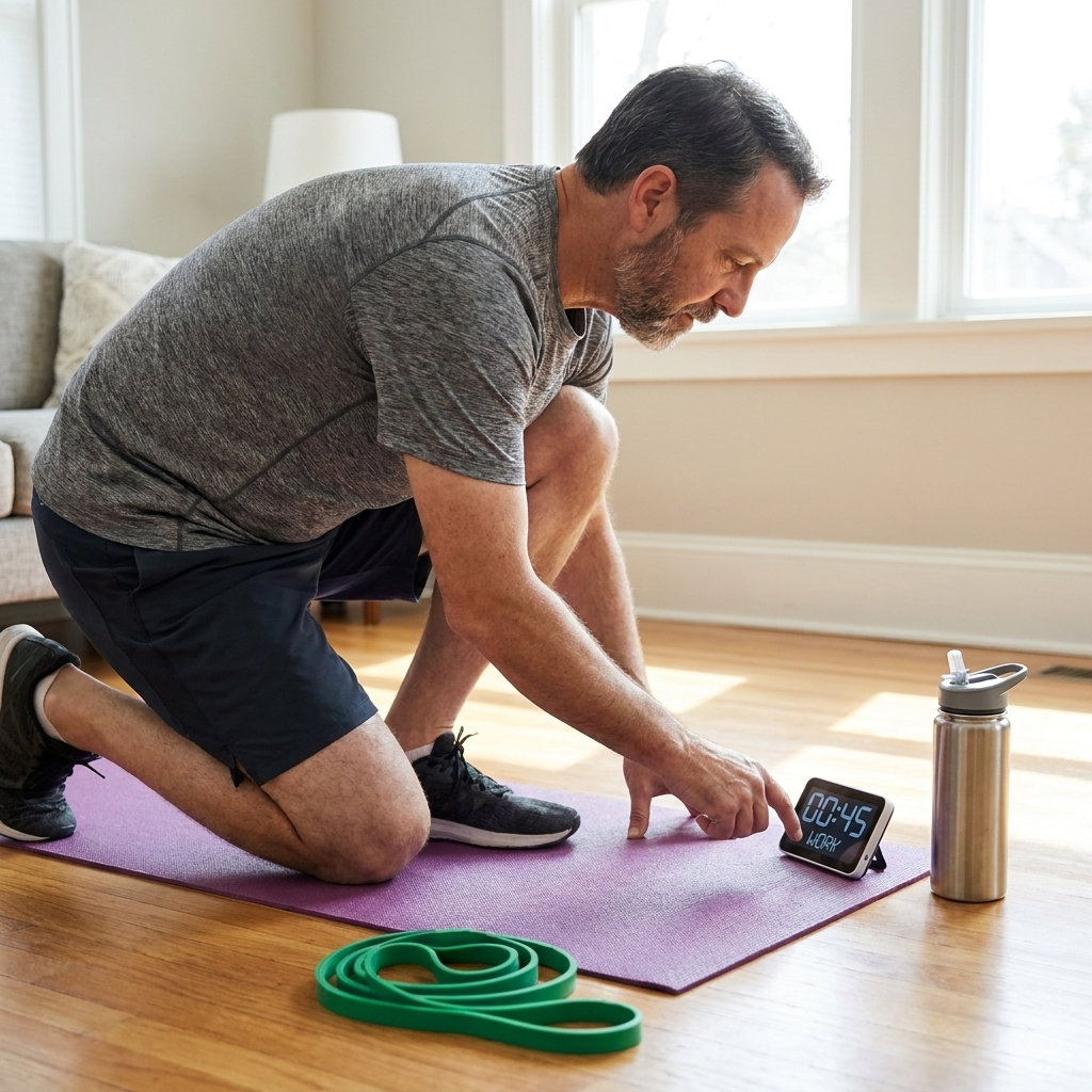 An interval timer, resistance band, and water bottle placed next to a yoga mat on a living room floor