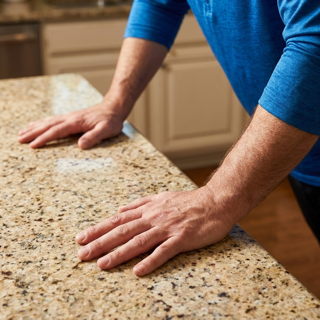 Close-up view of hands placed on a kitchen counter during an incline pushup setup, showing straight wrists and shoulder alignment