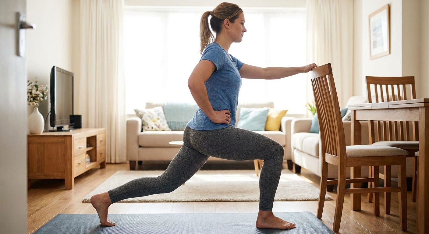 Hands lightly touching the back of a chair to demonstrate a balance assist option during reverse lunges