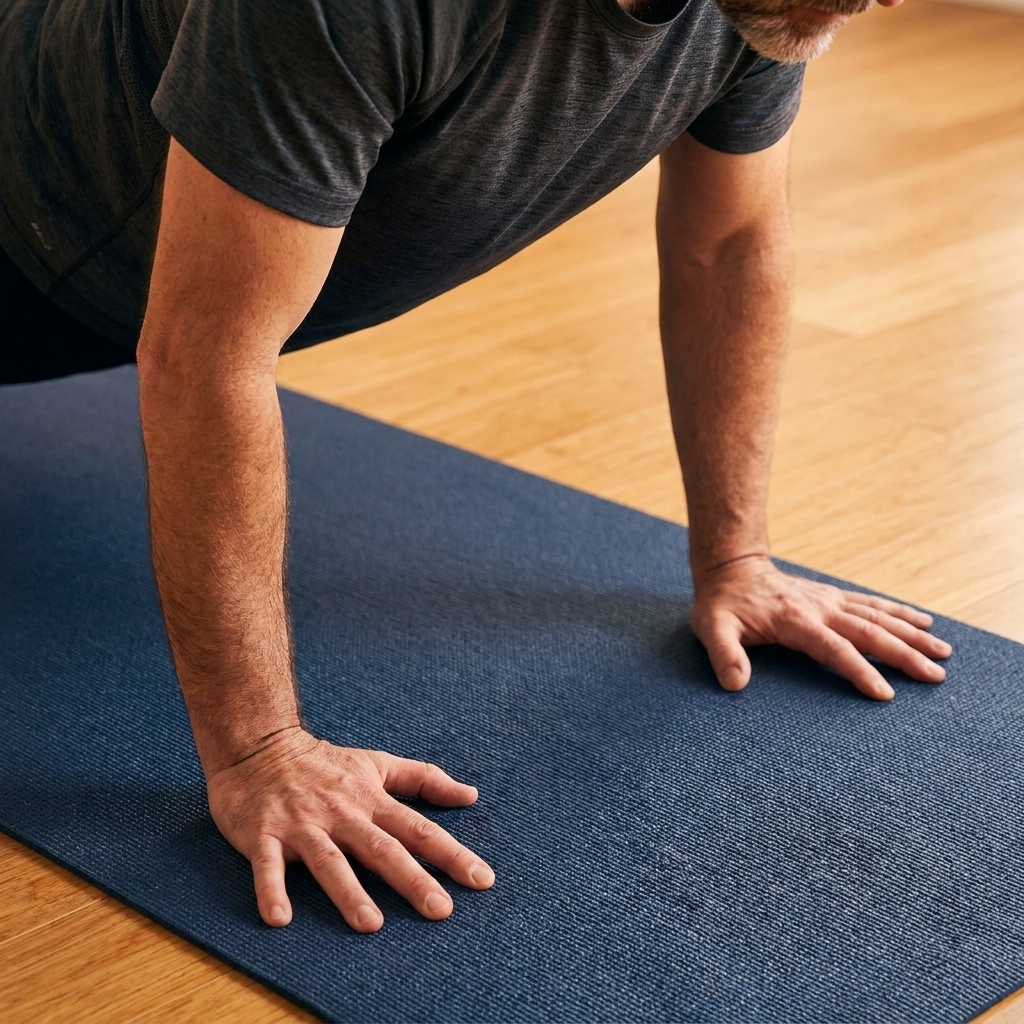 Hands on a yoga mat with fingers spread wide, wrists stacked under or slightly in front of the shoulders, showing stable push-up hand placement