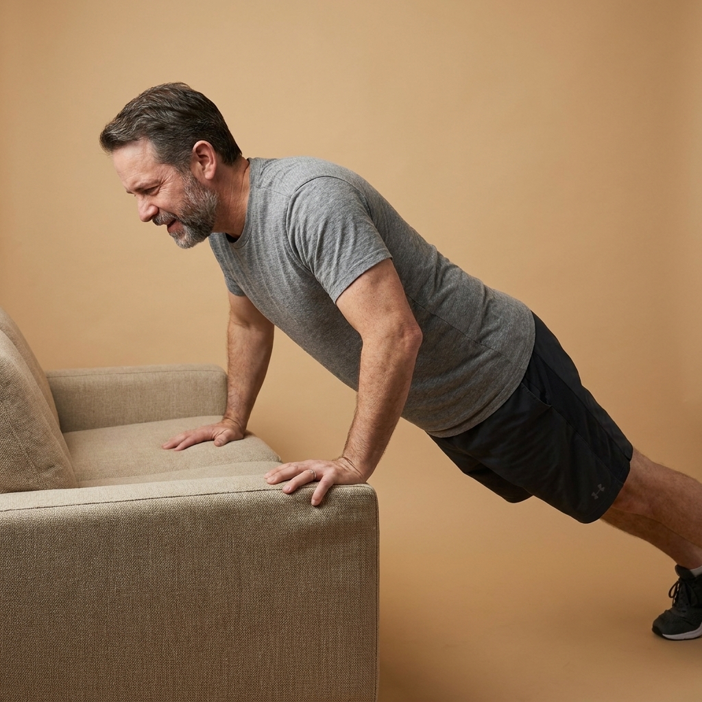 Hands on the edge of a sturdy couch while performing an incline push-up, body in a straight line from head to heels