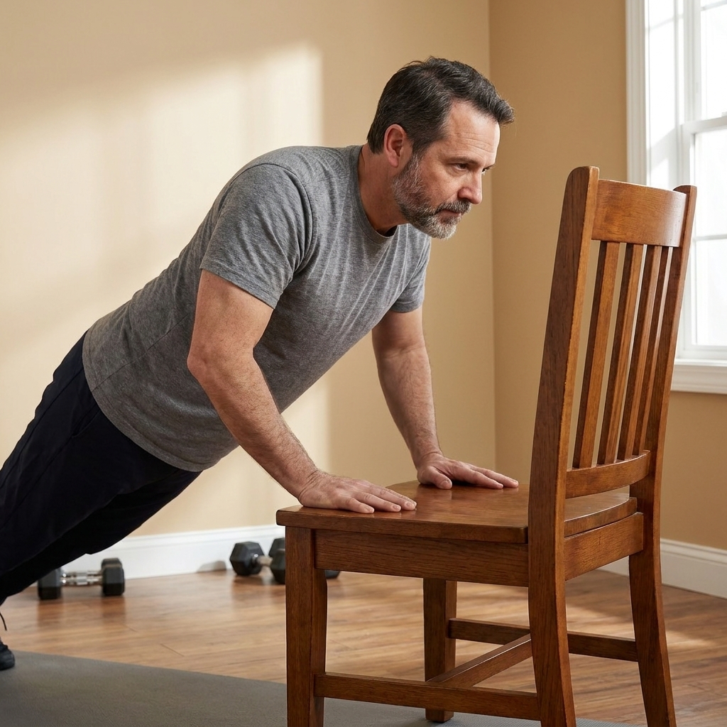 Hands placed on a sturdy chair for an incline pushup setup in a small home workout area