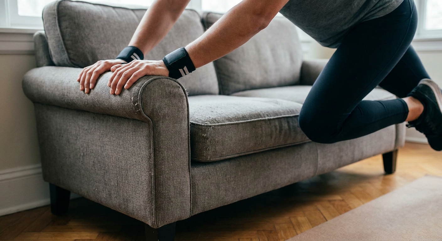 Hands placed on the edge of a couch for elevated mountain climbers, creating less wrist load than the floor
