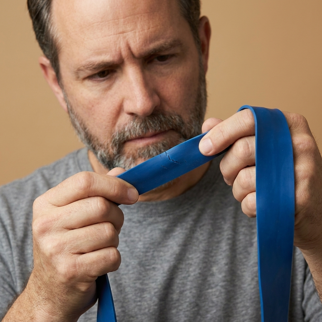 Hands stretching a resistance band slightly to check for small cracks and worn spots before use