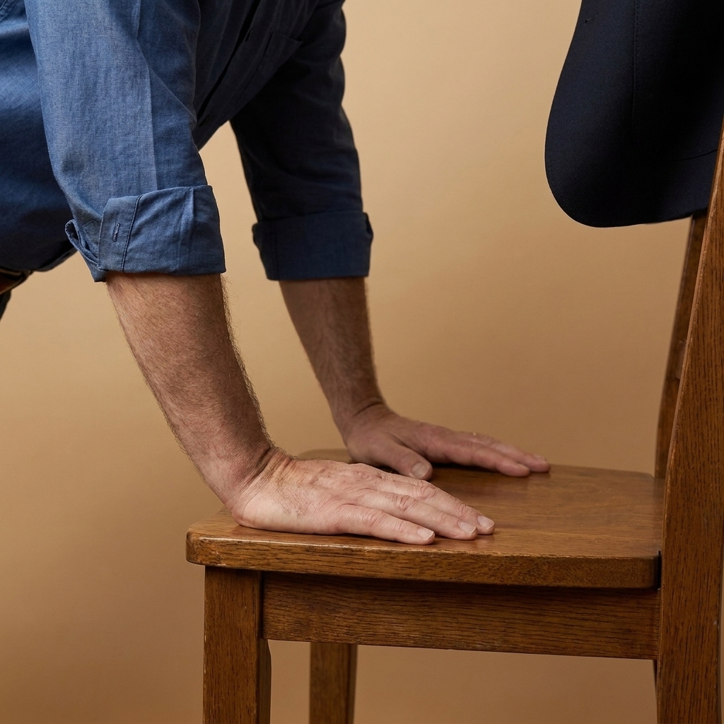 Instructional closeup of hands placed on the seat of a sturdy chair in an incline plank position, with wrists straight and shoulders stacked over hands