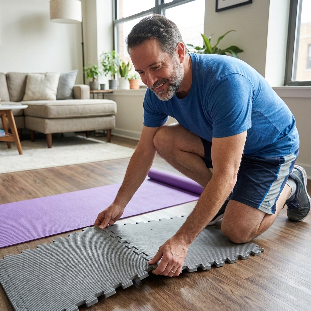 Interlocking foam exercise tiles being placed on an apartment floor next to a yoga mat, hands aligning the edges