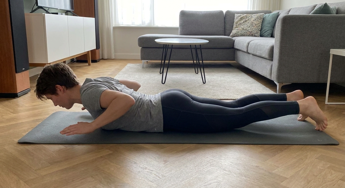 Person lying face down with elbows bent in a W shape, lifting arms slightly and squeezing shoulder blades together with neck neutral