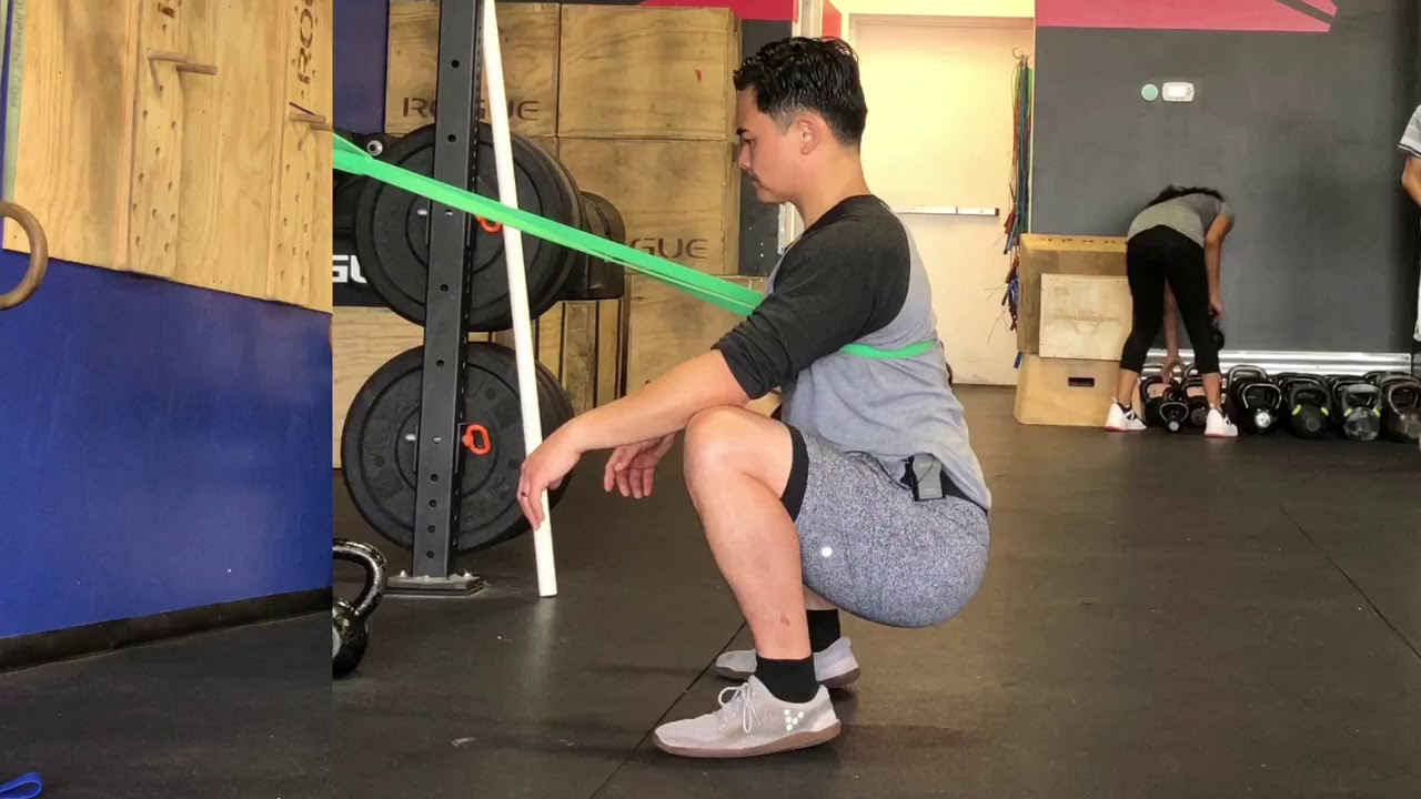 Side view of a person squatting with a tall chest and neutral spine in a home workout space