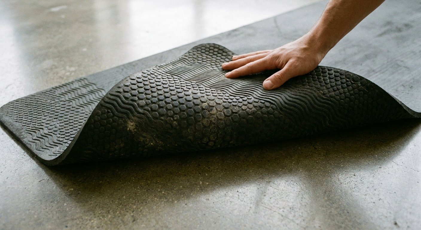 The underside of a workout mat showing a grippy, non-slip backing for safer movement on hard floors
